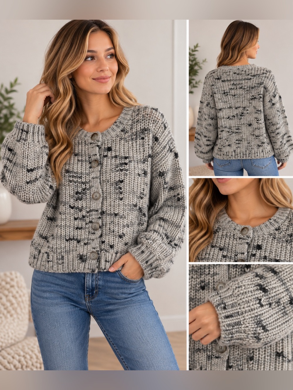 And Now This Chunky Knit Cardigan Gray Fleck Button Front Sweater S NWT